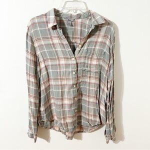 Bass 100% Rayon Long Sleeve Plaid Flannel Shirt Button Front Pointed Collar